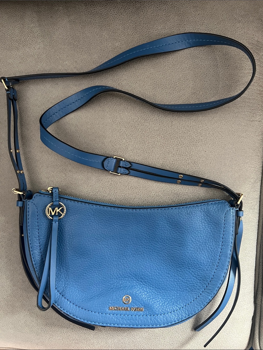Michael Kors Blue Pebbled Leather Crescent Crossbody